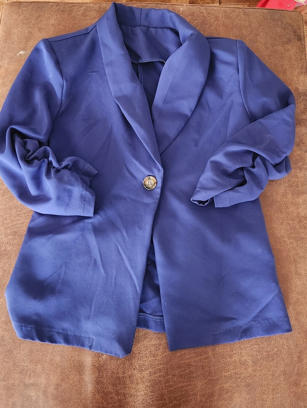 Sheing Single-Button Blue Blazer With Ruched Sleeves And Tie Back